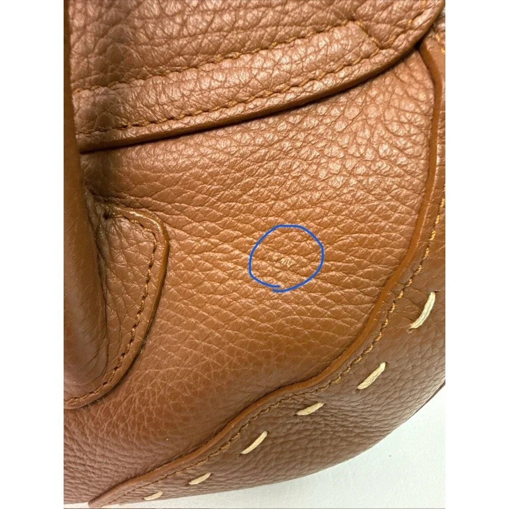 Escada Brown Pebble Leather Stitch Trim Front Flap Gold Hardware Satchel Handbag